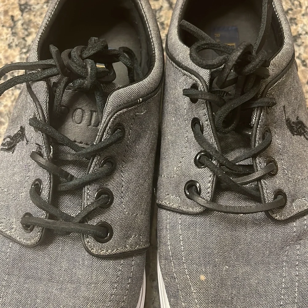 Polo Ralph Lauren Gray Canvas Sneaker Shoes Leather Laces Size 8 GUC #3145